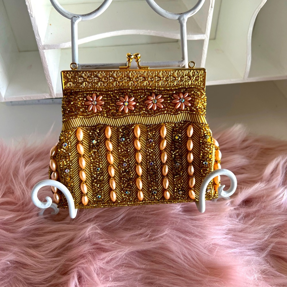 Evening handbag Vintage w/ Gilded Gold, pink pearls and faux gemstones